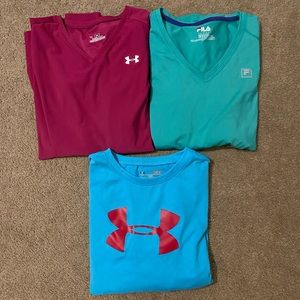 Youth Large Girls lot—-3 long sleeve sports shirts; Under Armour/Fila